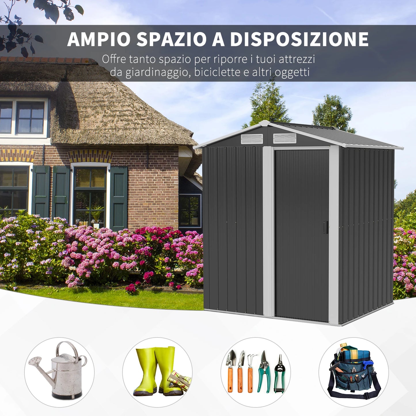 Steel Tool Shed with Sloped Roof and 4 Air Vents, 152x132x188cm, Dark Grey