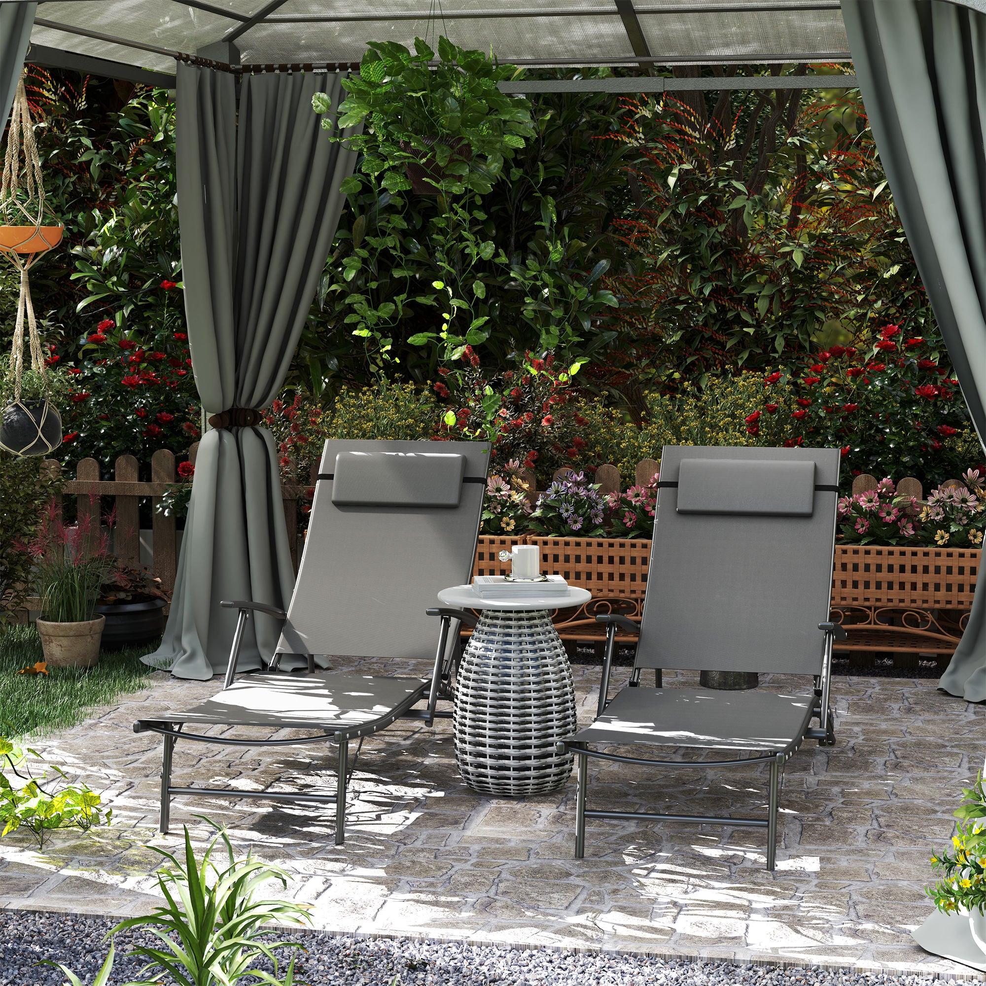 Set of 2 Folding Garden Deckchairs with 4-Level Adjustable Backrest and Cushion, Gray