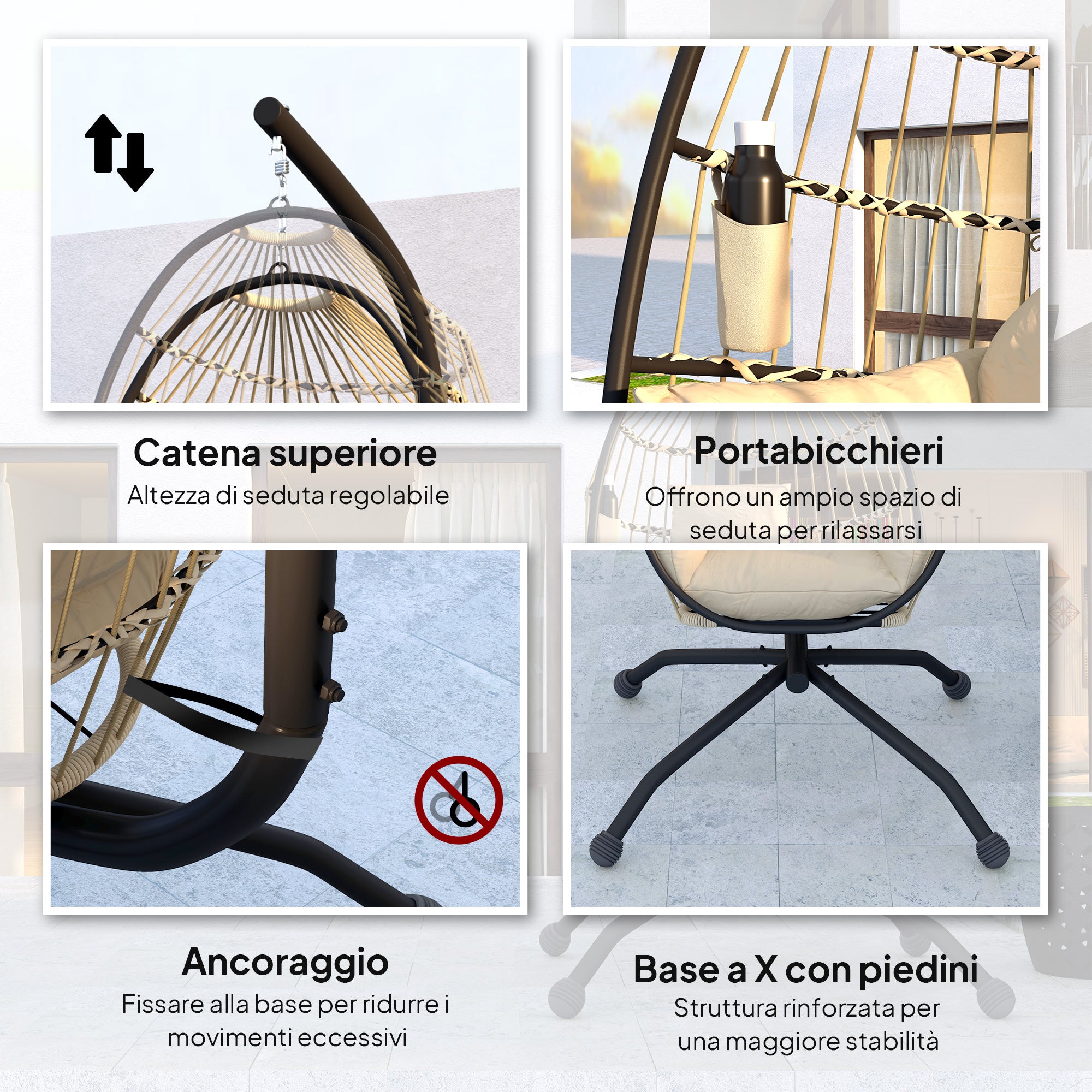 Hanging Egg Chair with Adjustable Hook, 2 Cushions and Folding Basket, 120x88x192 cm, Khaki