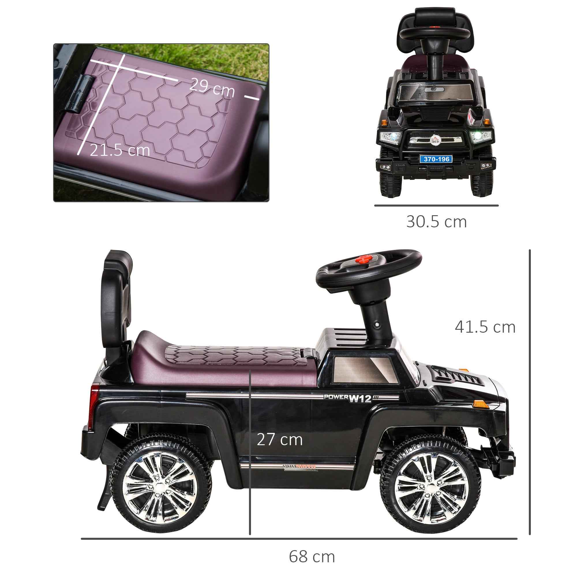 HOMCOM Ride-On Toy Car for Kids, Off-Road Vehicle with Lights and Music, Ages 18-36 Months, 68x30.5x41.5cm, Black