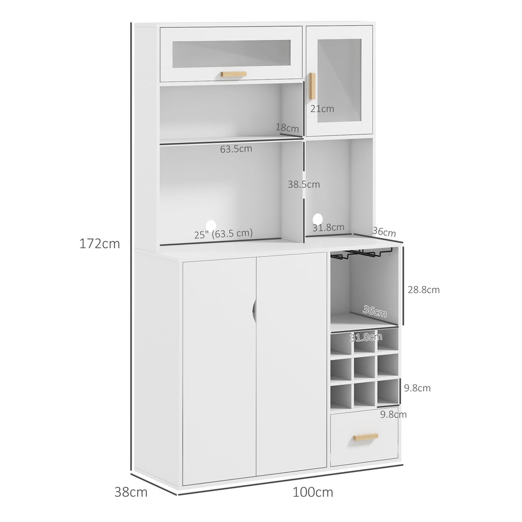 Mobile Pantry with Bottle Holder, Cabinets, Shelves and Drawer, in Chipboard and Wood, 100x38x172 cm, White