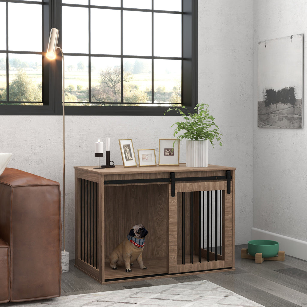 Large Dog House with Sliding Door for Indoor Wooden, 98x58x61cm, Brown