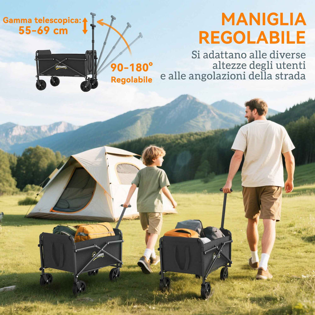 Outsunny 41L Folding Garden Cart with 4 Wheels, Metal and Oxford Fabric Camping Cart with Carry Bag and Adjustable Swivel Handle, Black