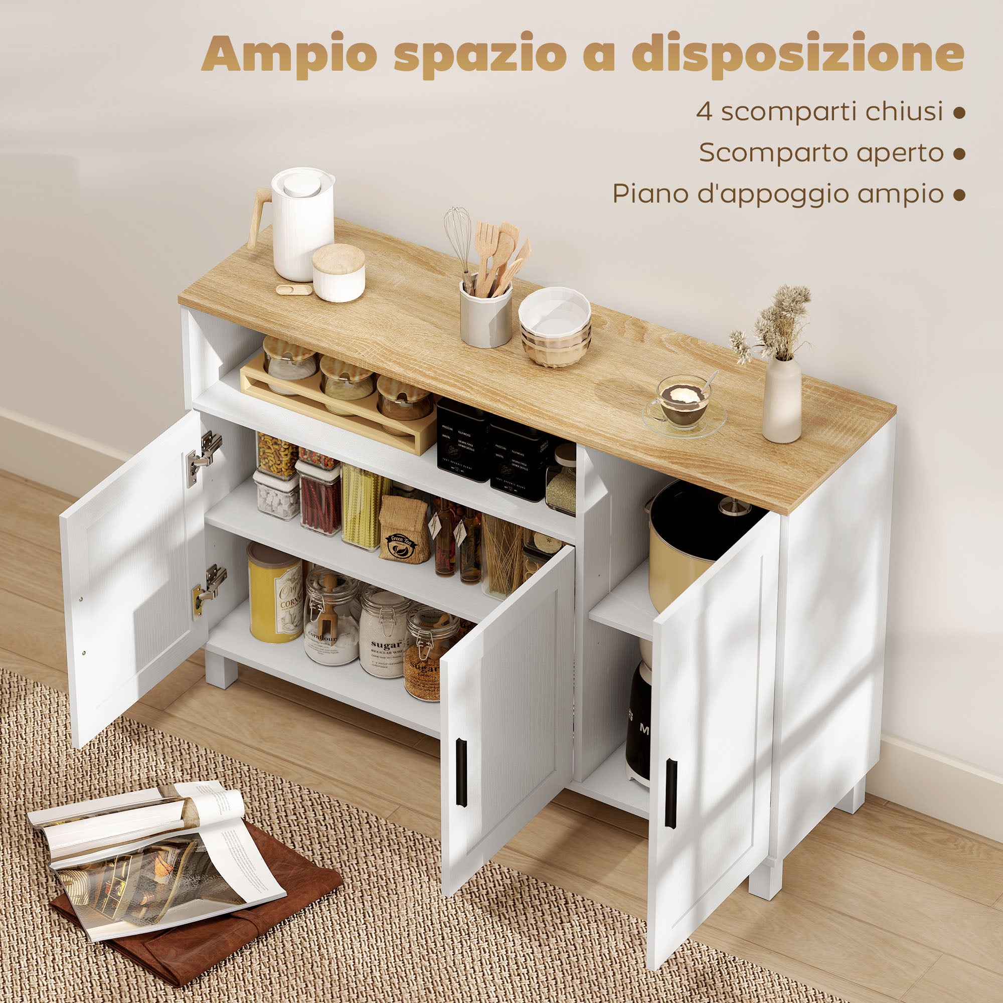 Kitchen Sideboard with Soft-Close Doors, 2 Cupboards and Open Wooden Compartment, 110x33x75 cm, White