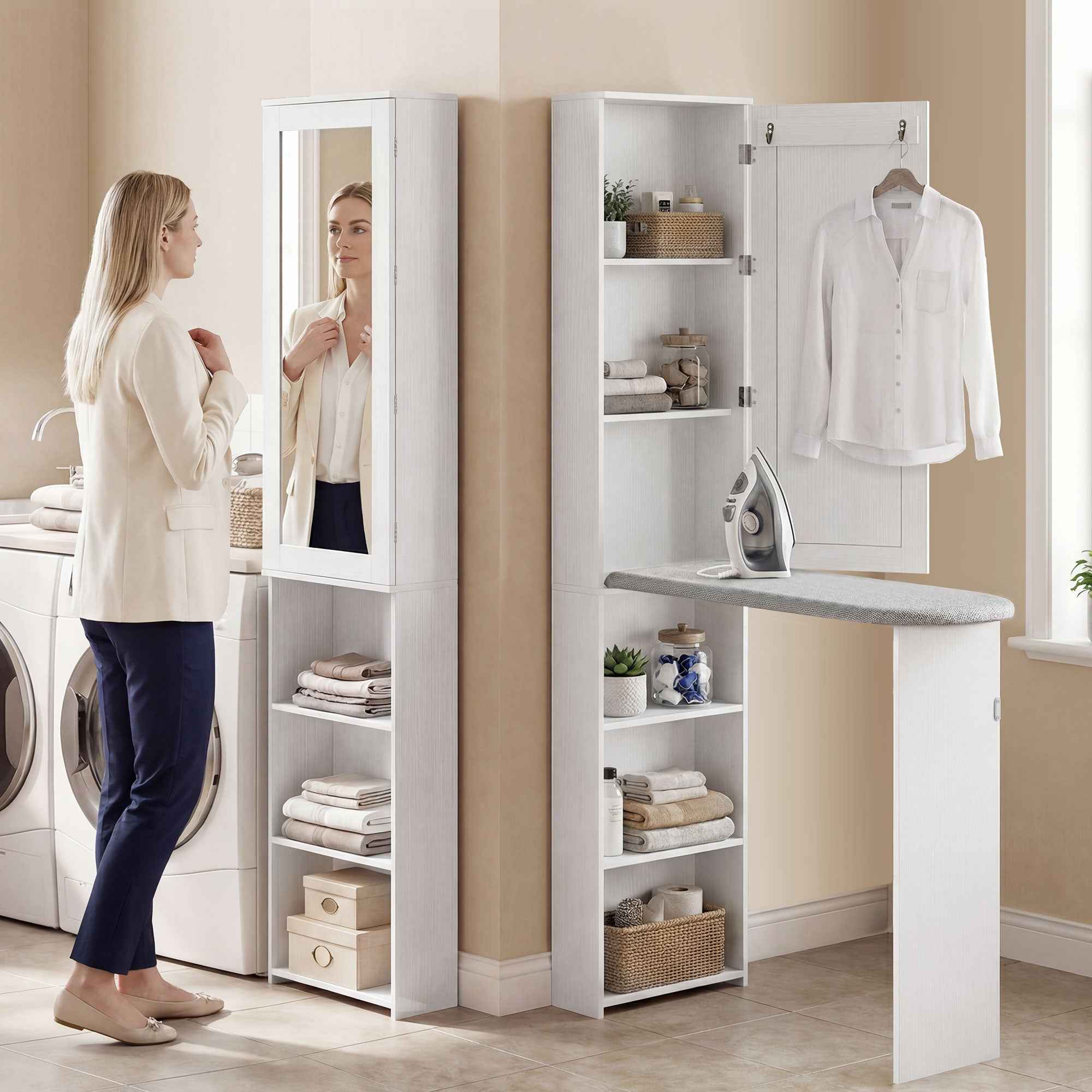HOMCOM 6-Tier Folding Ironing Board with Mirror and 2 Hooks, Made of Wood and Polyester, 107x35x174 cm, White