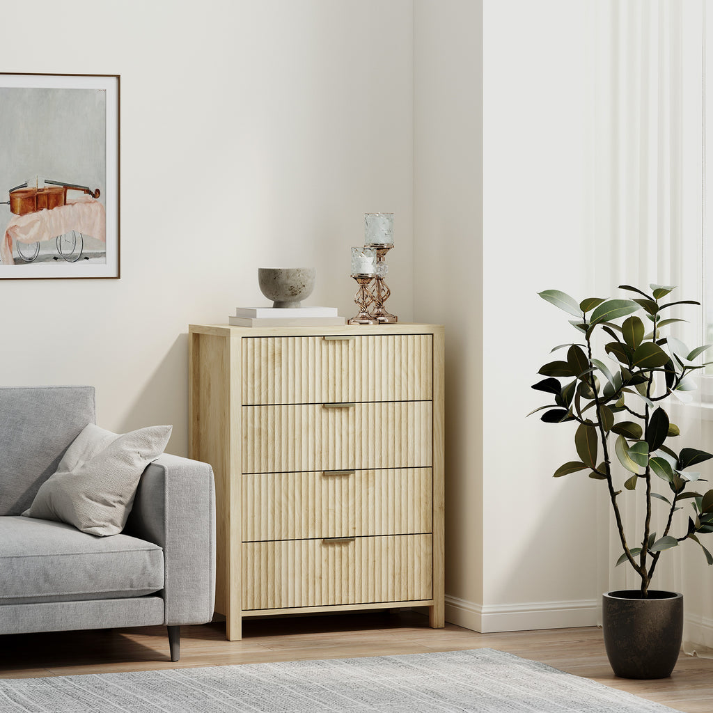 Chest of Drawers with 4 Grooved Drawers and Golden Handles, 70x38x93 cm, Natural Wood