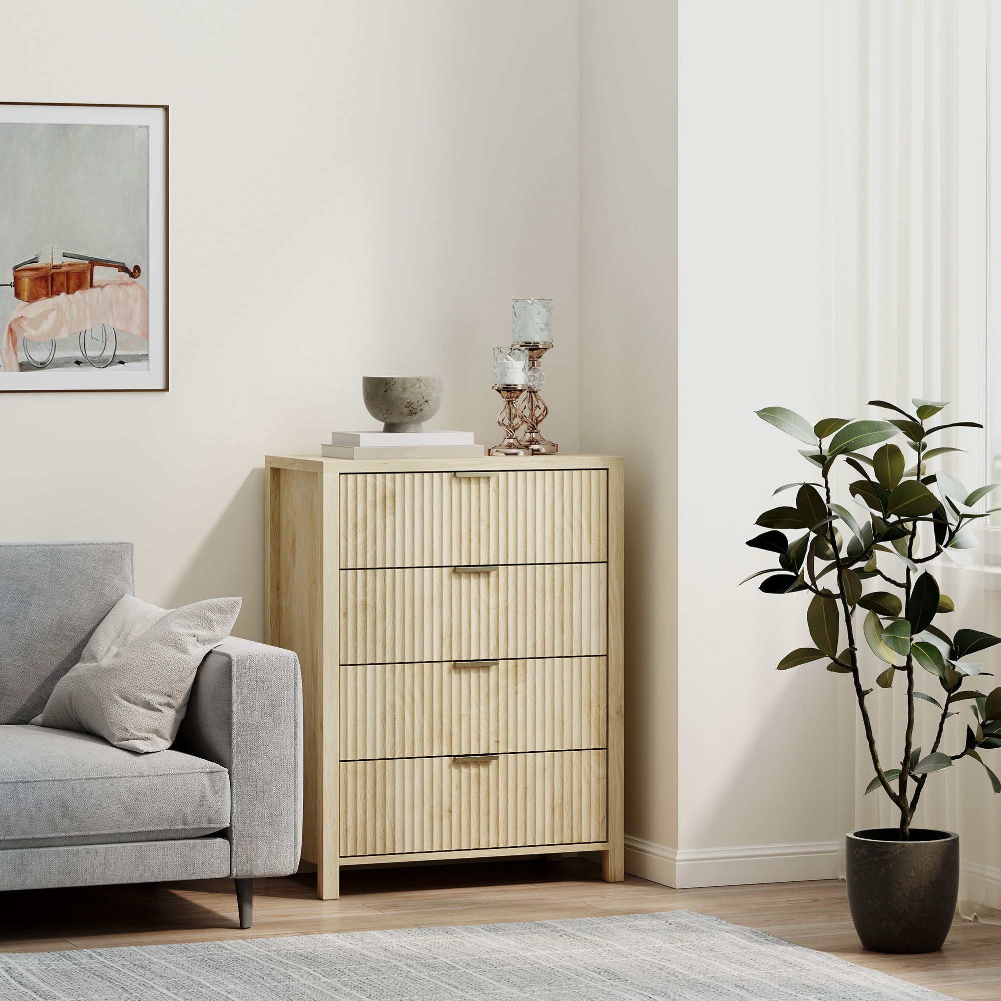 Chest of Drawers with 4 Grooved Drawers and Golden Handles, 70x38x93 cm, Natural Wood