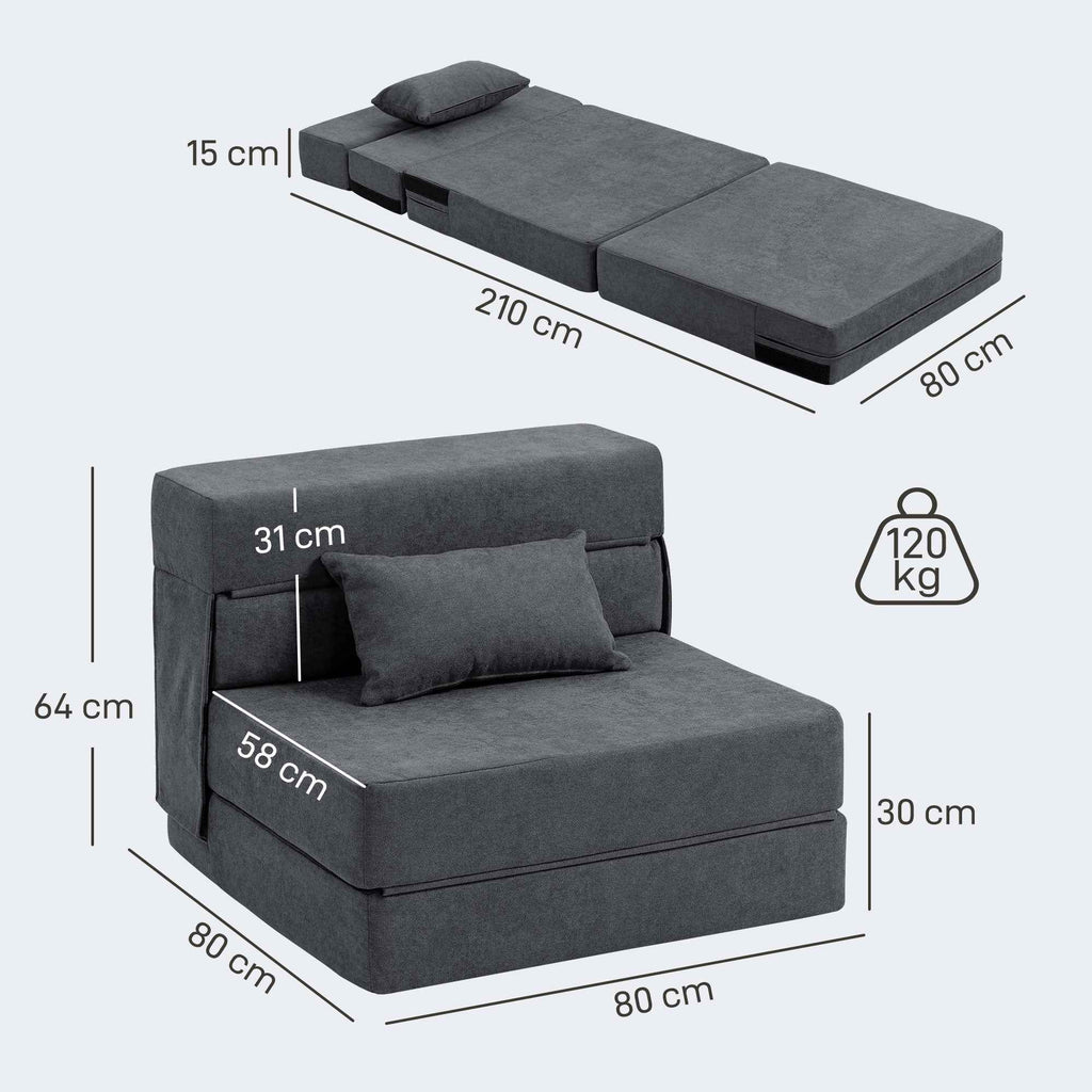 HOMCOM Folding Sofa Bed Convertible to Chaise Longue with Mattress, 80x80x64 cm, Dark Grey