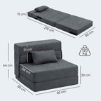 HOMCOM Folding Sofa Bed Convertible to Chaise Longue with Mattress, 80x80x64 cm, Dark Grey
