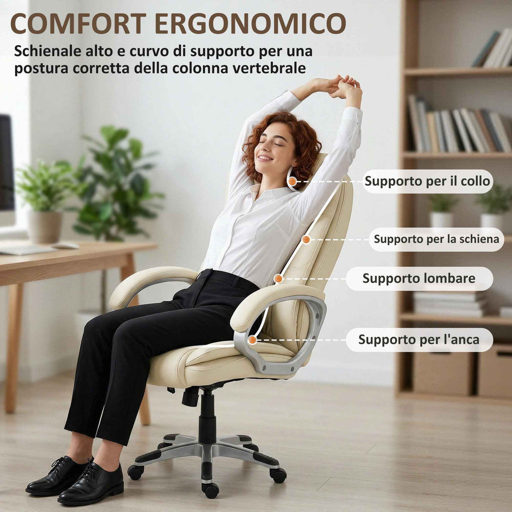 HOMCOM PU Leather Swivel Office Chair with Rocking, High Backrest and Adjustable Height, Beige