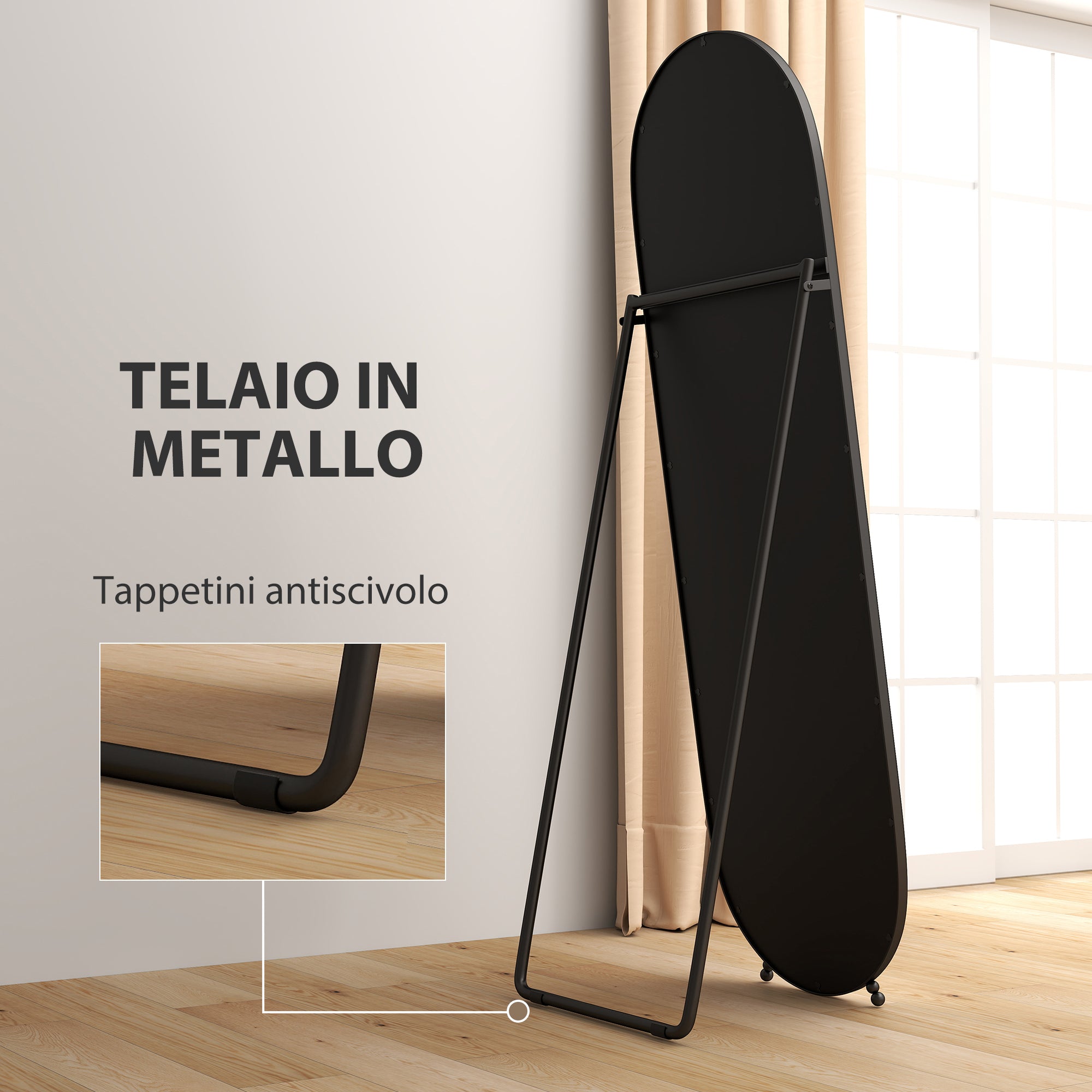 Full-Length Floor Mirror with Folding Stand, in Glass and Metal, 40x41x159 cm, Black