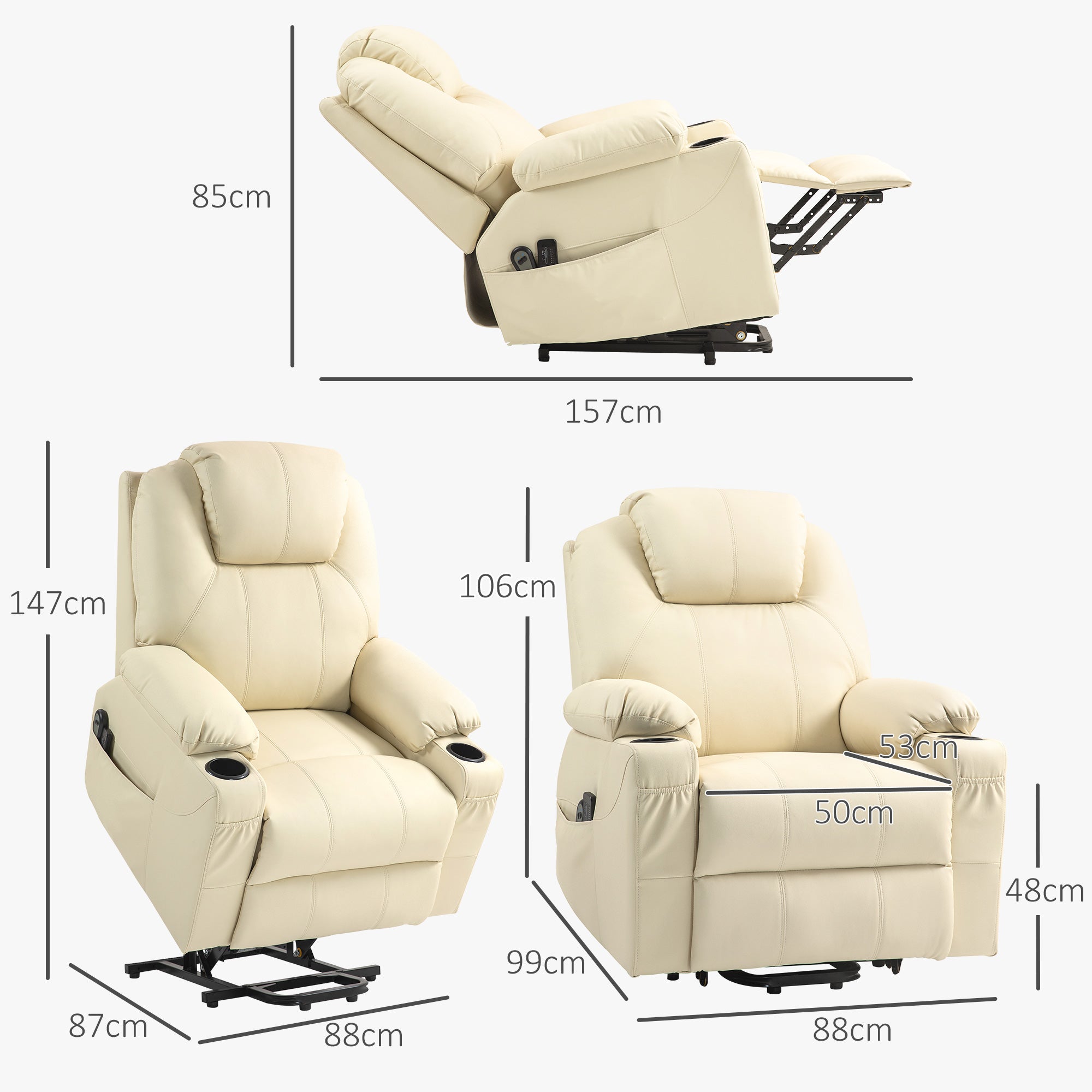 Lift Chair Reclining up to 135° with 8 Massage Points, Remote Control and Footrest, 88x92x106 cm, Cream