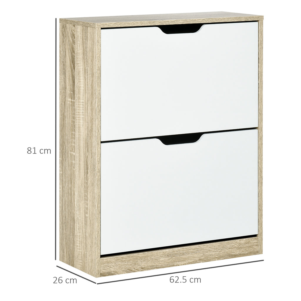 Space Saving Slim 2 Drawer Shoe Cabinet for 8 Pairs of Shoes 62.5x26x81 cm, Wood and White