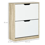 Space Saving Slim 2 Drawer Shoe Cabinet for 8 Pairs of Shoes 62.5x26x81 cm, Wood and White