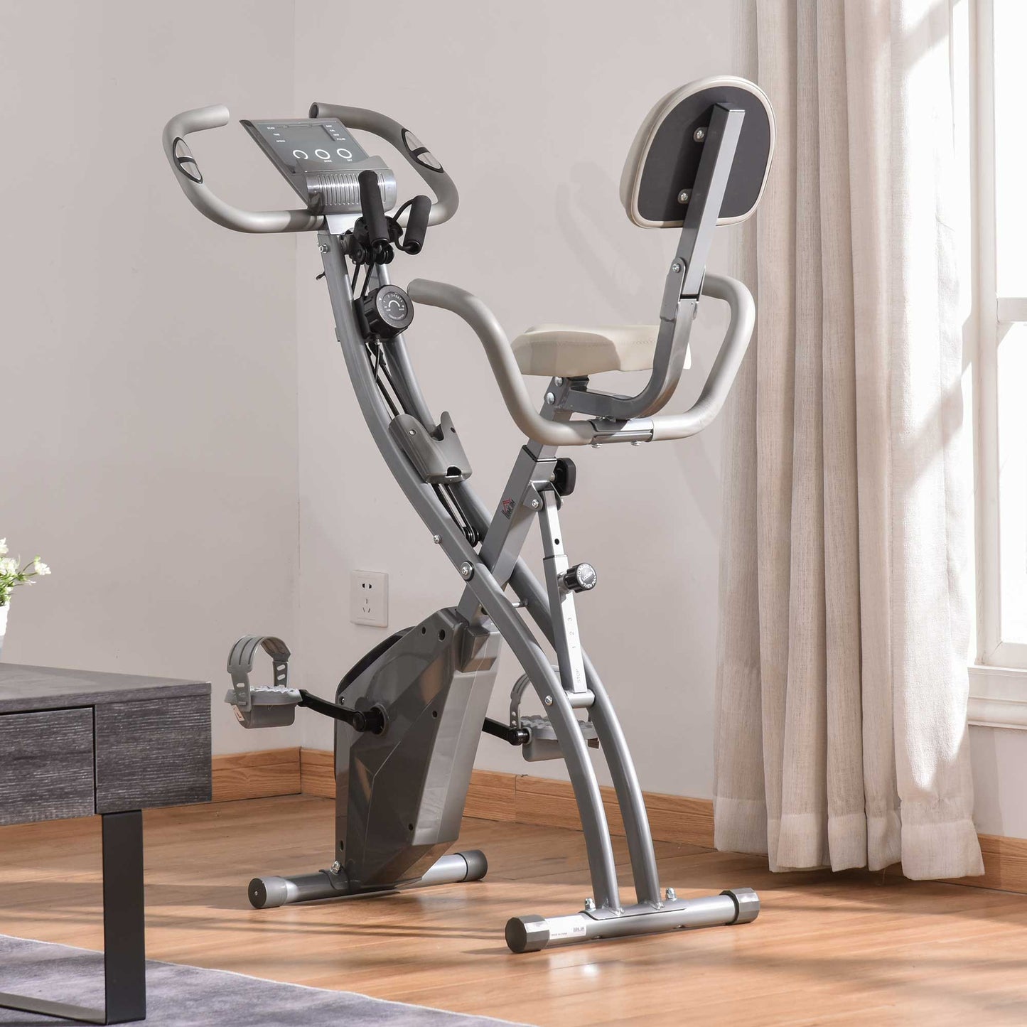 Folding Exercise Bike, 8 Level Adjustable Magnetic Resistance, Fitness Bike with Heart Rate Sensor, Arm Bands, LCD Screen, 2.5kg Flywheel, Grey