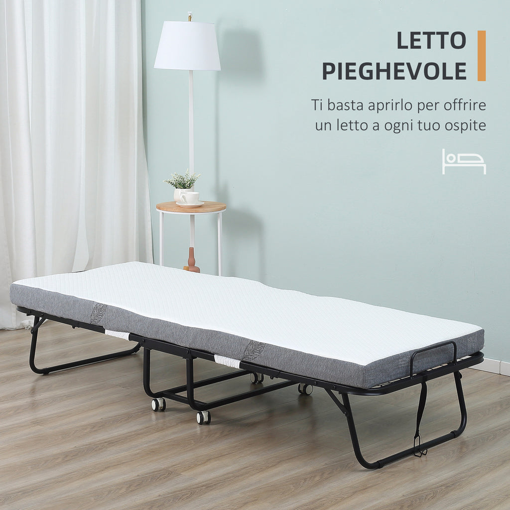 Folding Single Bed 90x200cm with 10cm Thick Mattress, Metal Base and Wheels with Brakes, Black