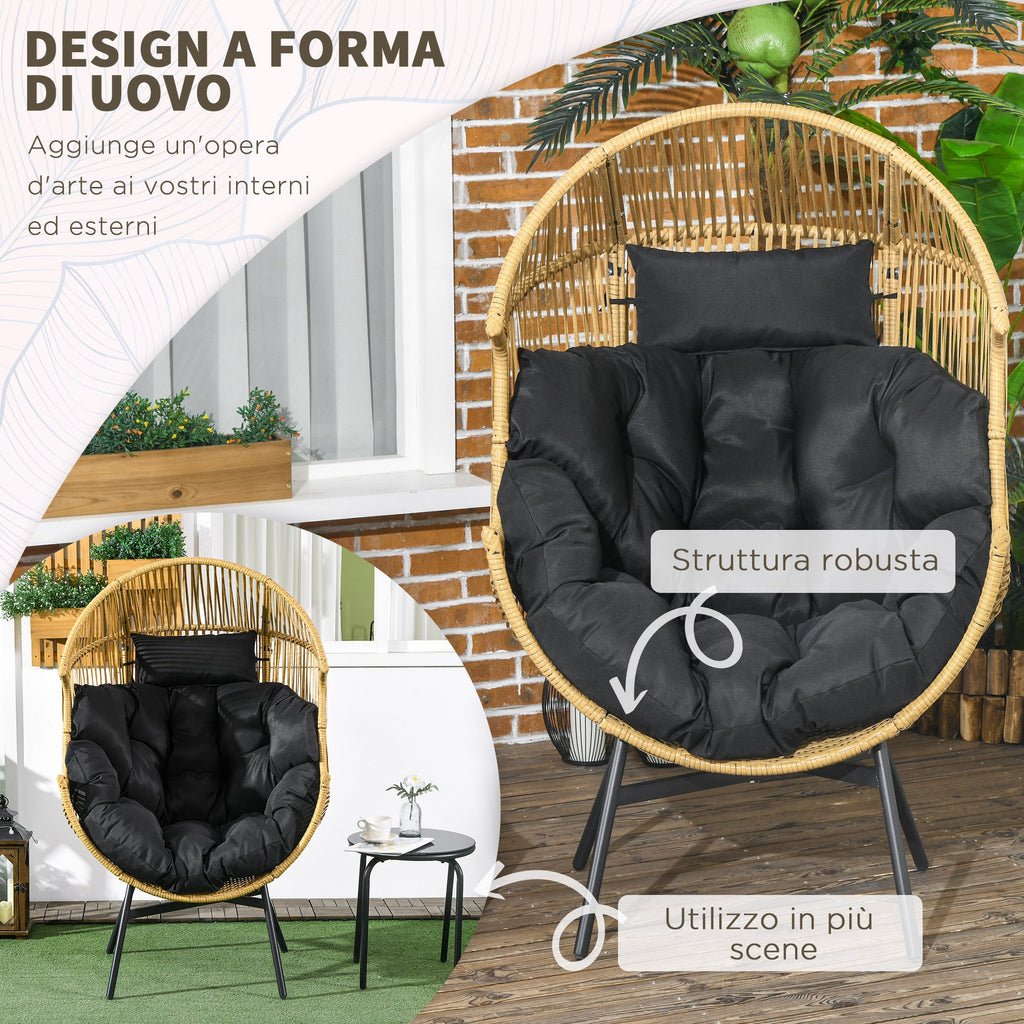 Outsunny Egg-shaped Garden Armchair with Headrest and Seat Cushions, in Rattan and Steel, 89x75x143 cm - Borgè
