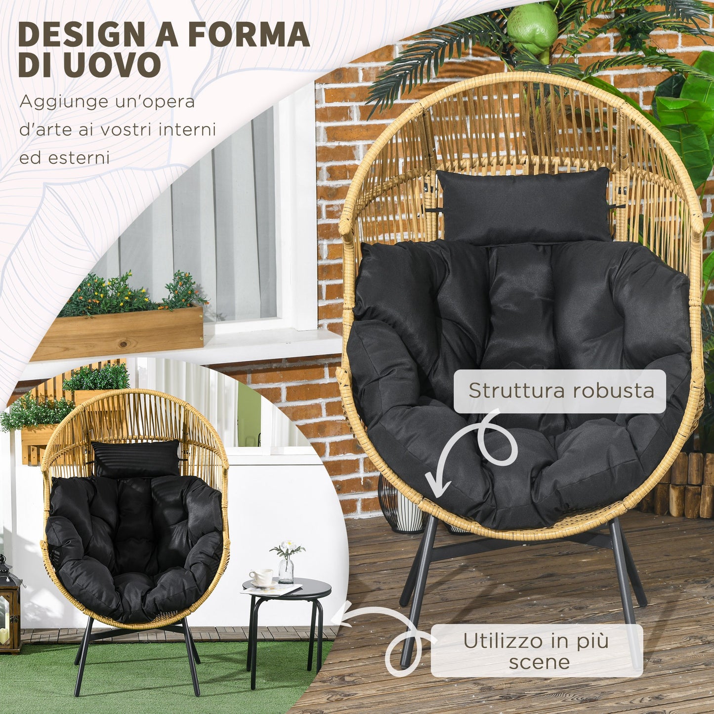 Outsunny Egg-shaped Garden Armchair with Headrest and Seat Cushions, in Rattan and Steel, 89x75x143 cm