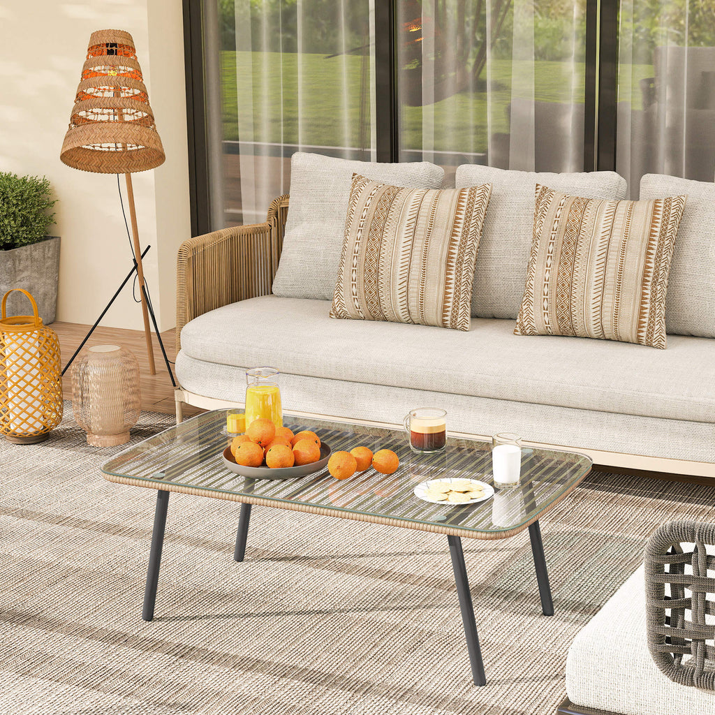 PE Rattan Garden Table with Glass and Steel Top, 110x60x40 cm, Natural Wood