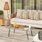 PE Rattan Garden Table with Glass and Steel Top, 110x60x40 cm, Natural Wood