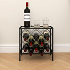 Wine Bottle Rack for 10 Bottles in Black Steel with Tempered Glass Shelf, 41x22x41 cm