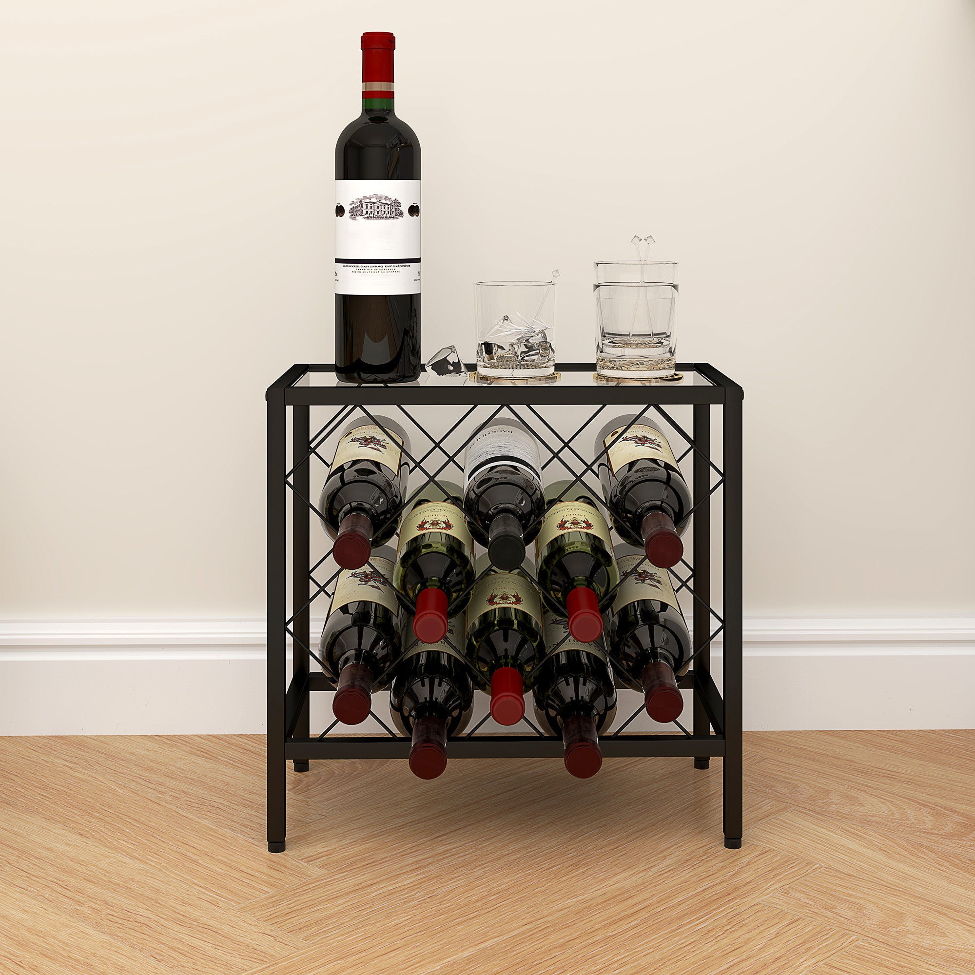 Wine Bottle Rack for 10 Bottles in Black Steel with Tempered Glass Shelf, 41x22x41 cm