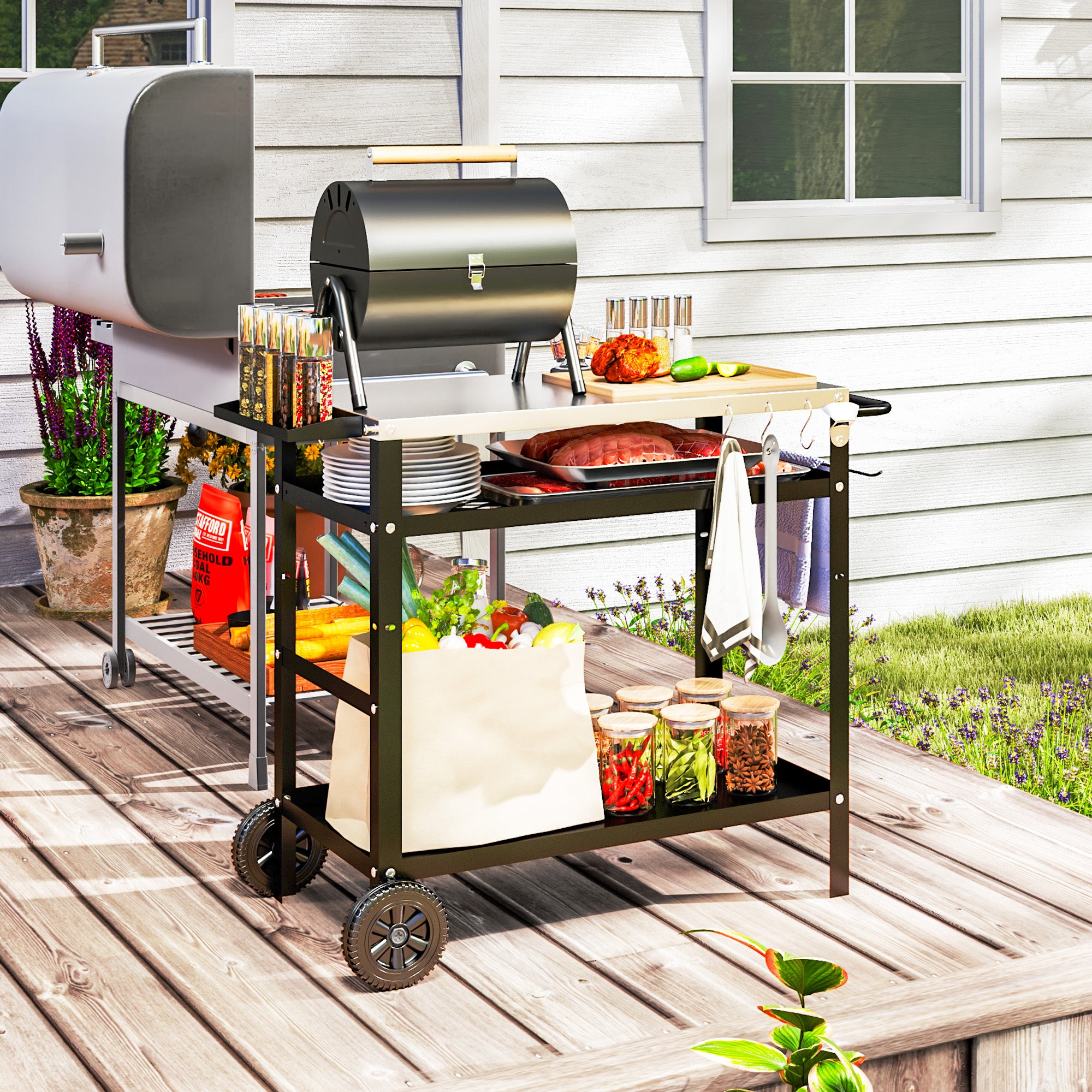 Barbecue Cart with Steel Top and Adjustable Shelf, Wheels and Hooks, 100x52x80 cm, Black
