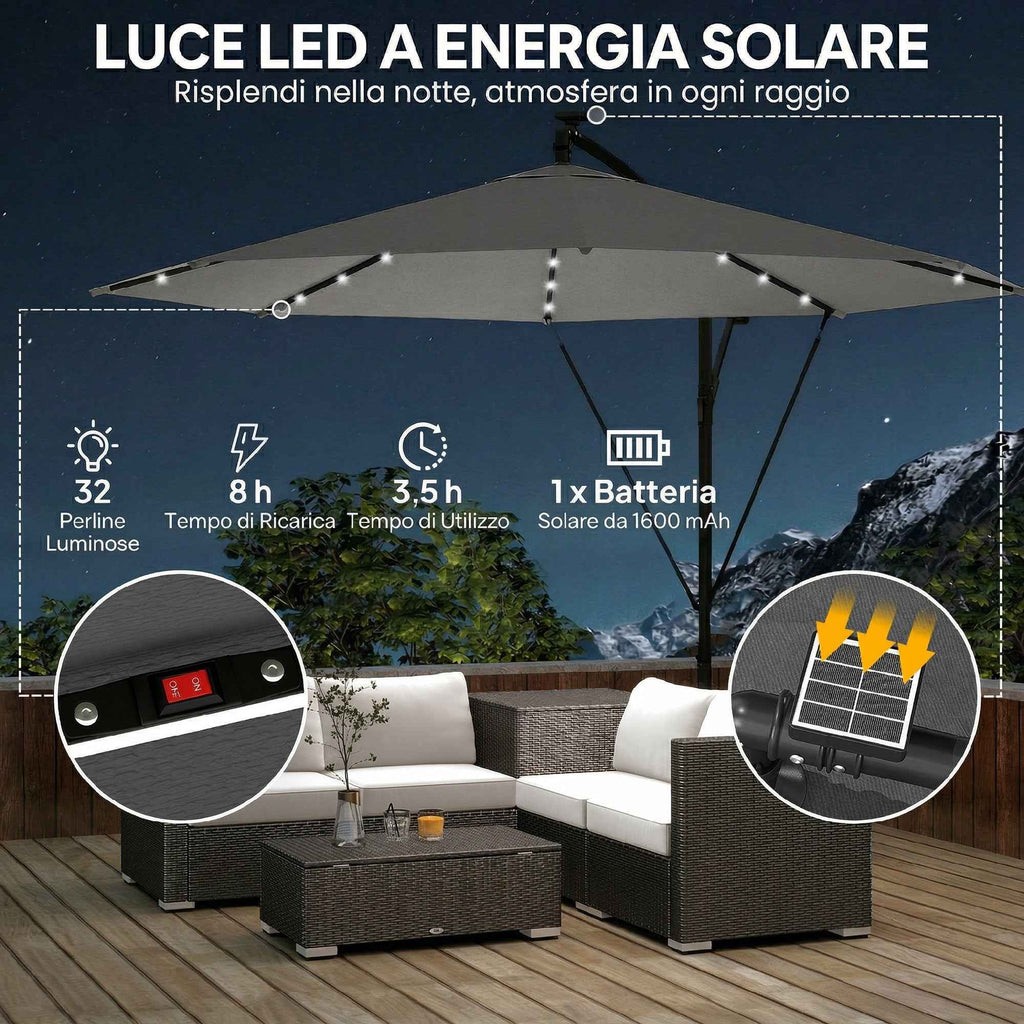 Outsunny 3m Cantilever Umbrella with Solar LED Lights, Garden Umbrella, Grey