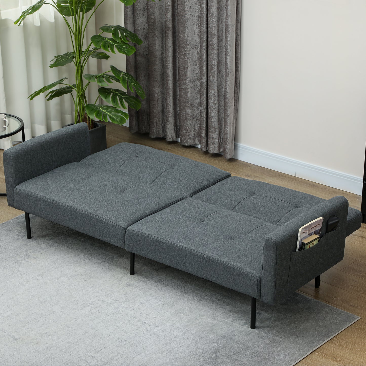 Clic Clac Sofa Bed with Adjustable Backrest in Linen Effect, Wood and Steel Fabric, 200x77x72 cm, Grey