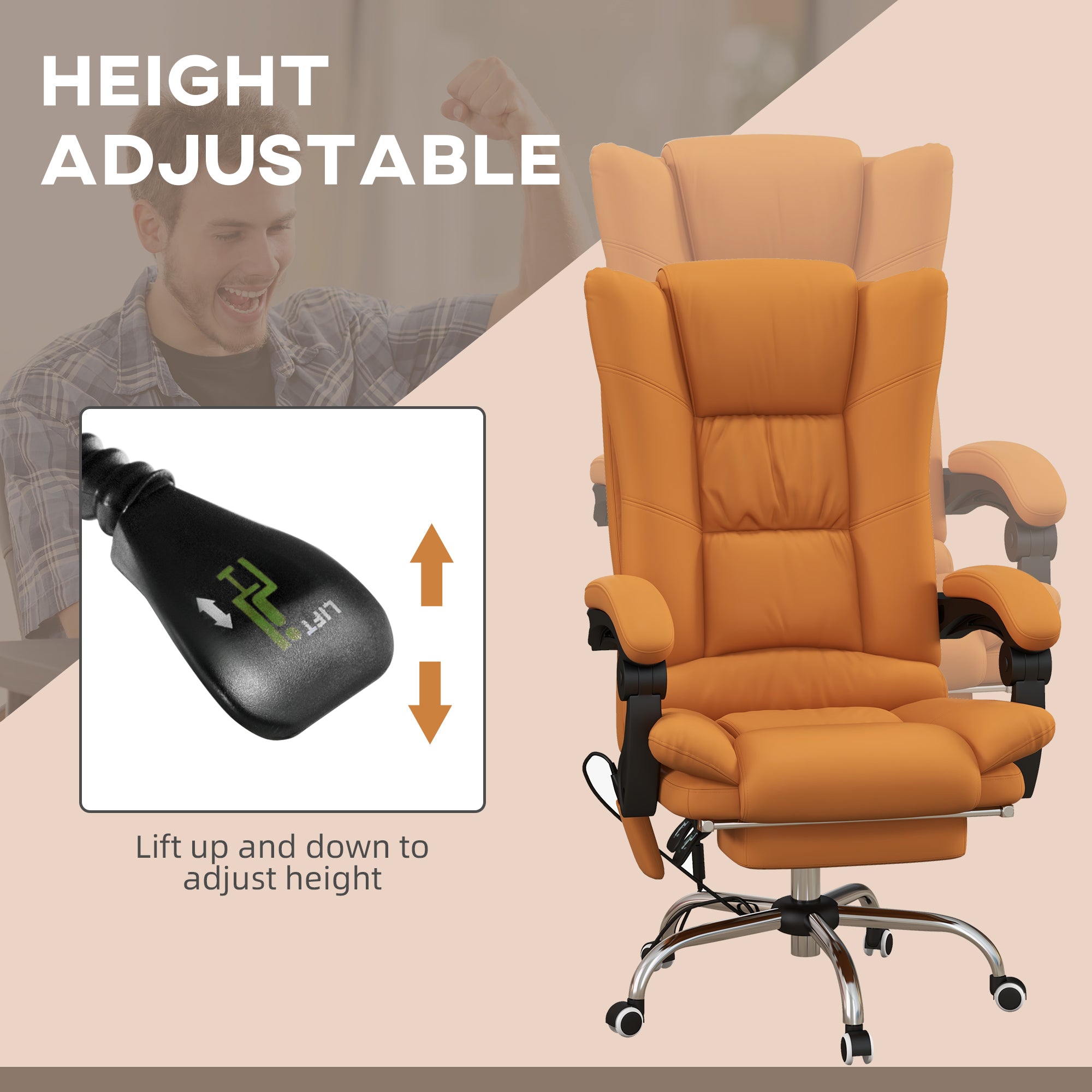 View of the massacle and heated office armchair, reclining with footrests, fake light brown leather - Borgè