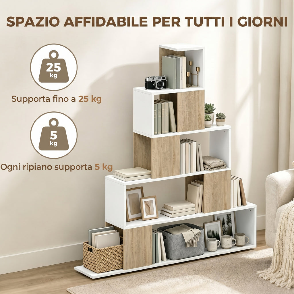 HOMCOM Modern 5-Tier Bookcase with Step Design, 120x22x131.5 cm, White and Wood