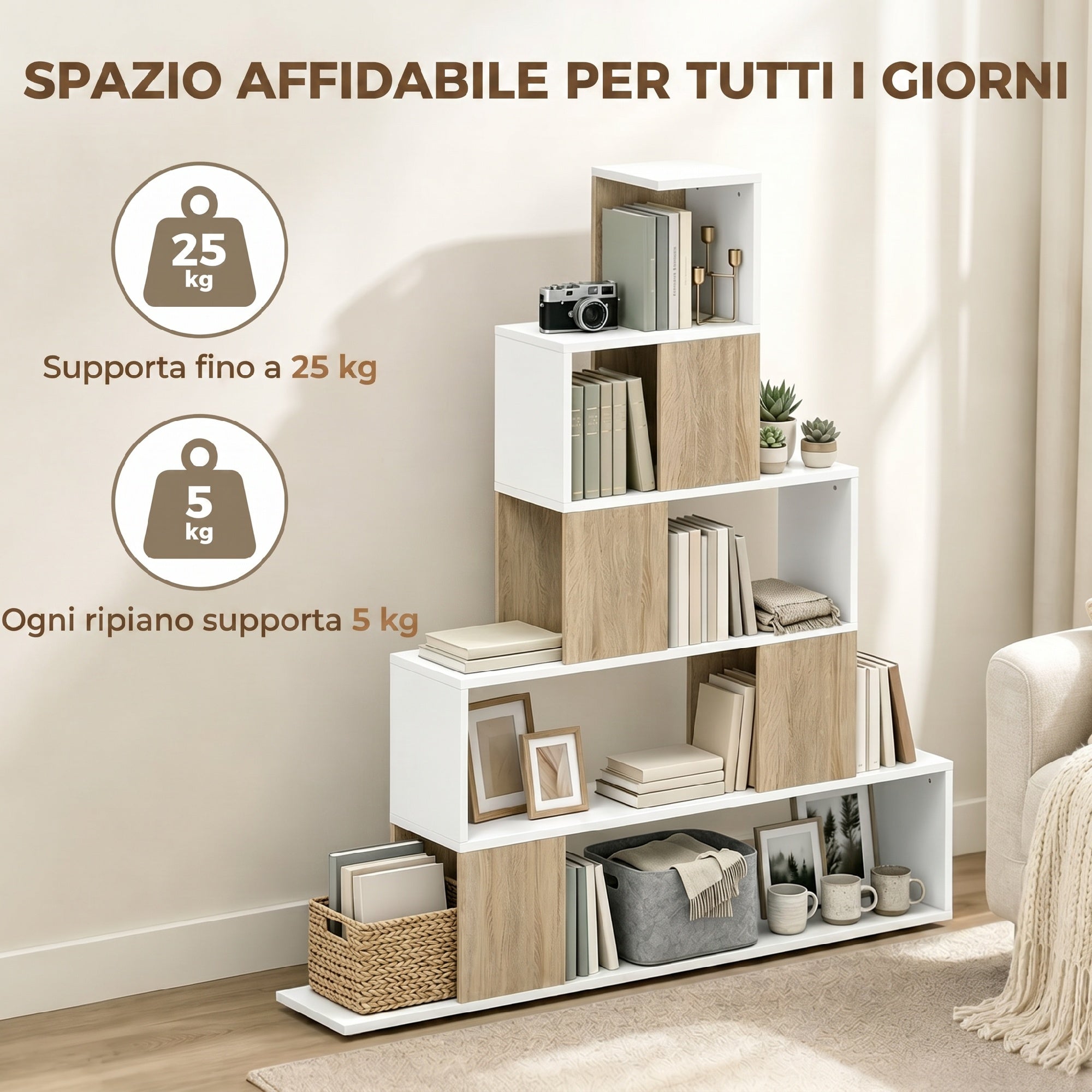 HOMCOM Modern 5-Tier Bookcase with Step Design, 120x22x131.5 cm, White and Wood
