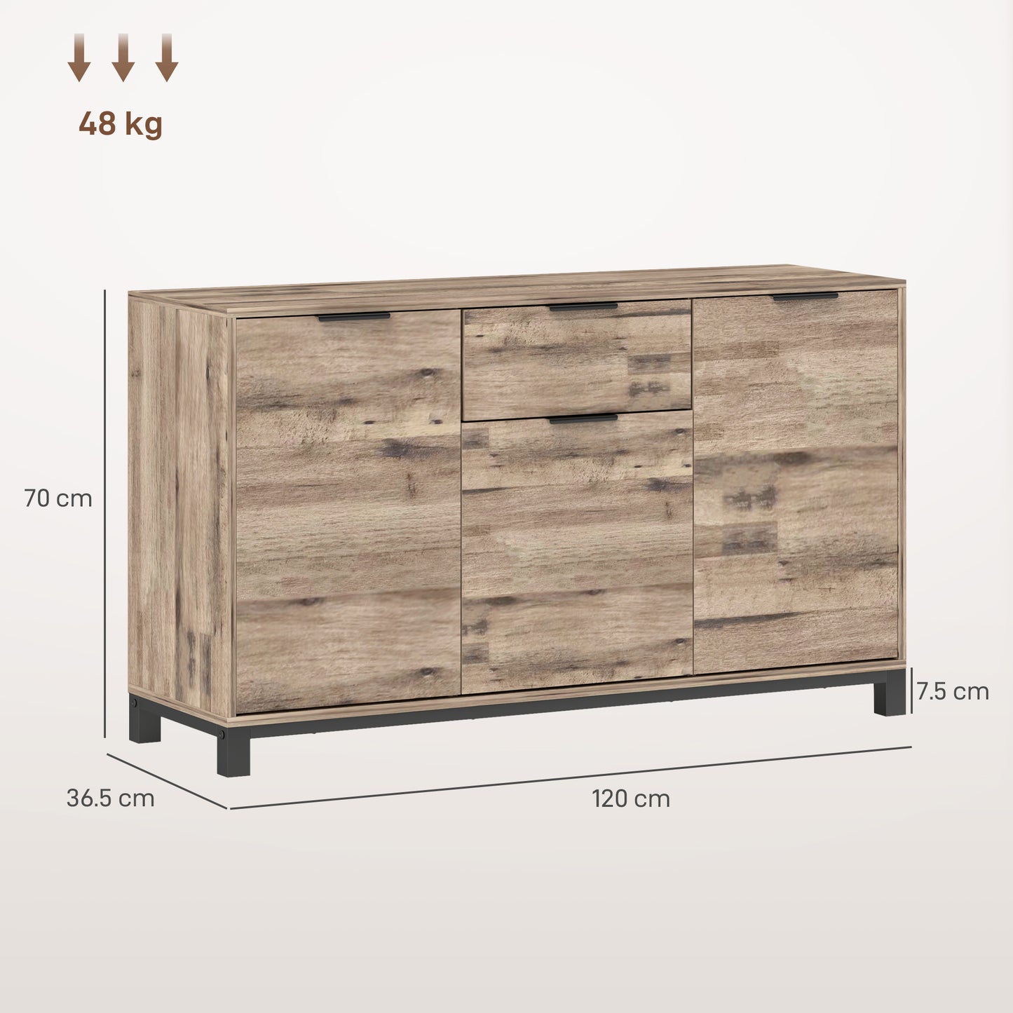 Industrial Style Sideboard with Drawer and 3 Cabinets, Brown Wood, 120x36.5x70 cm