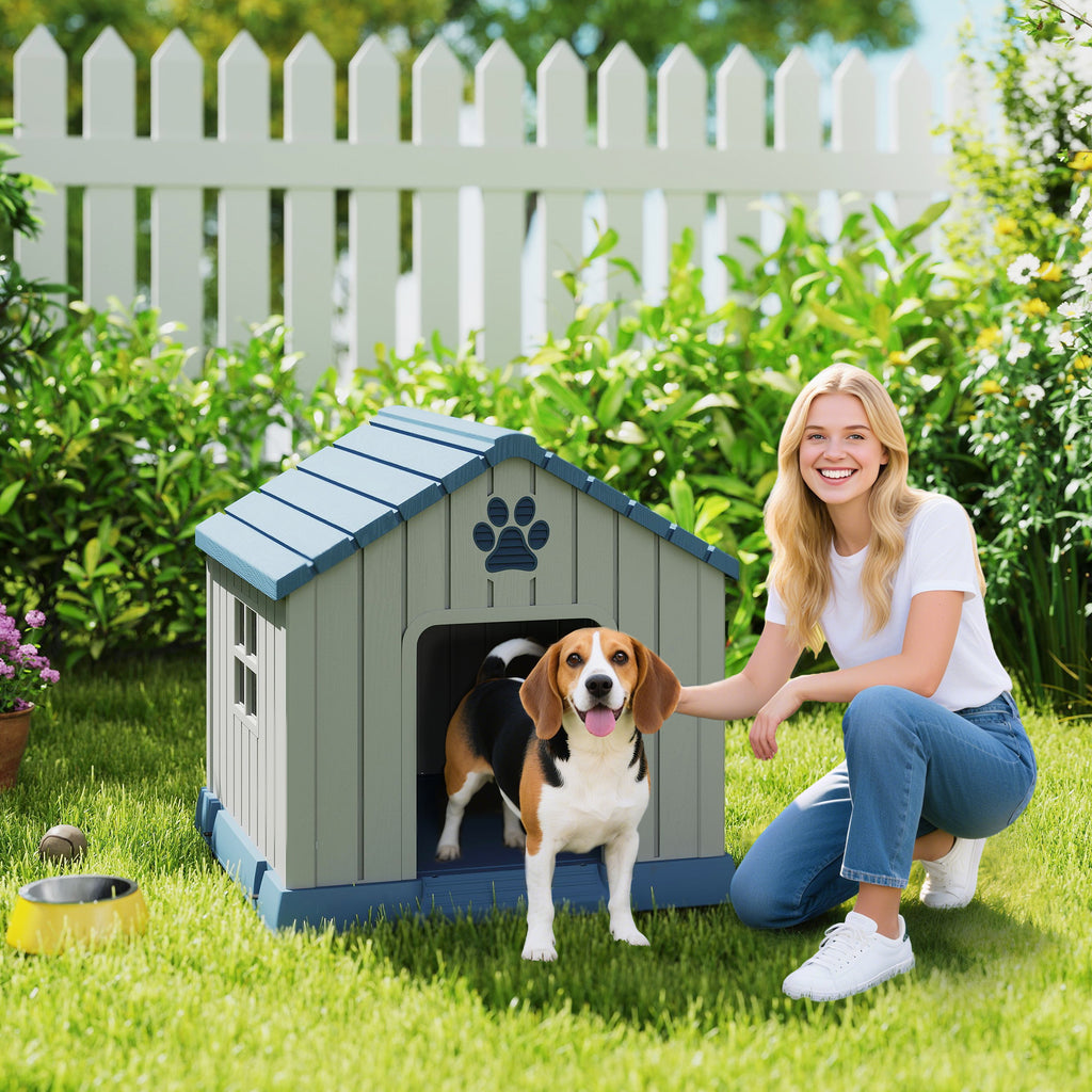 Waterproof Outdoor Dog House for Medium Dogs with Raised Base and Windows, 85x79x82 cm, Grey