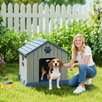 Waterproof Outdoor Dog House for Medium Dogs with Raised Base and Windows, 85x79x82 cm, Grey