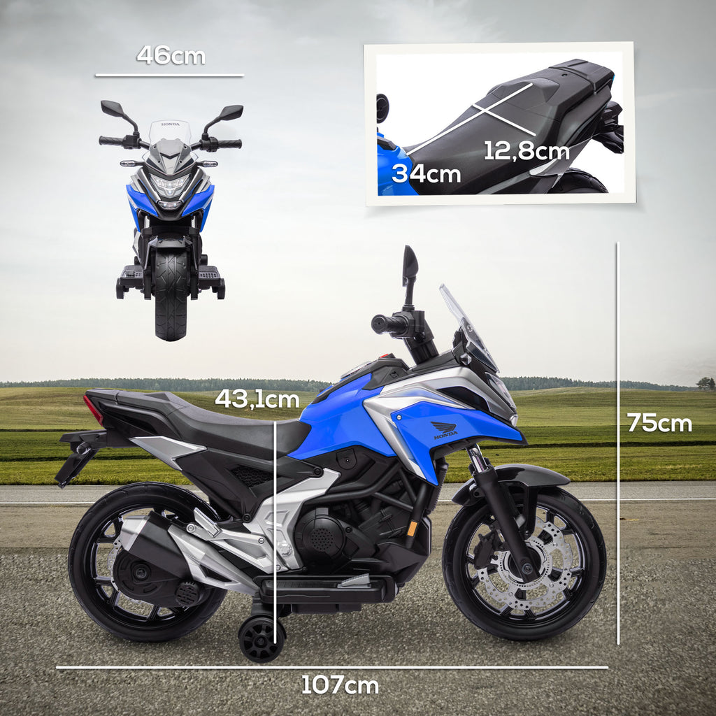 AIYAPLAY Electric Motorcycle for Children 3-6 Years Old, Honda Licensed, 12V Dual Motors, Wheels, 3 km/h, Max 30kg, Blue
