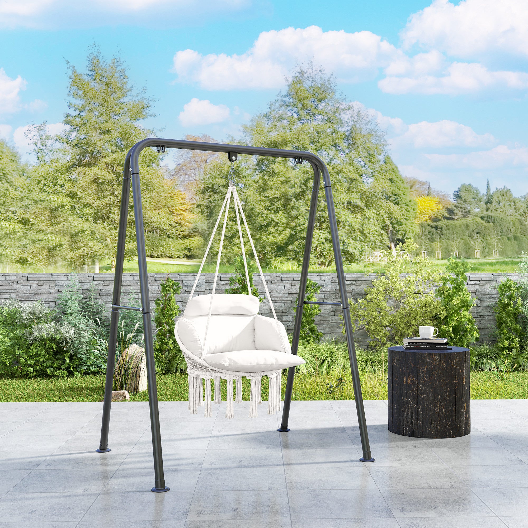Boho Style Hanging Armchair with Cushion, in Steel, Cotton and Polyester, 80x60x40 cm, Cream White