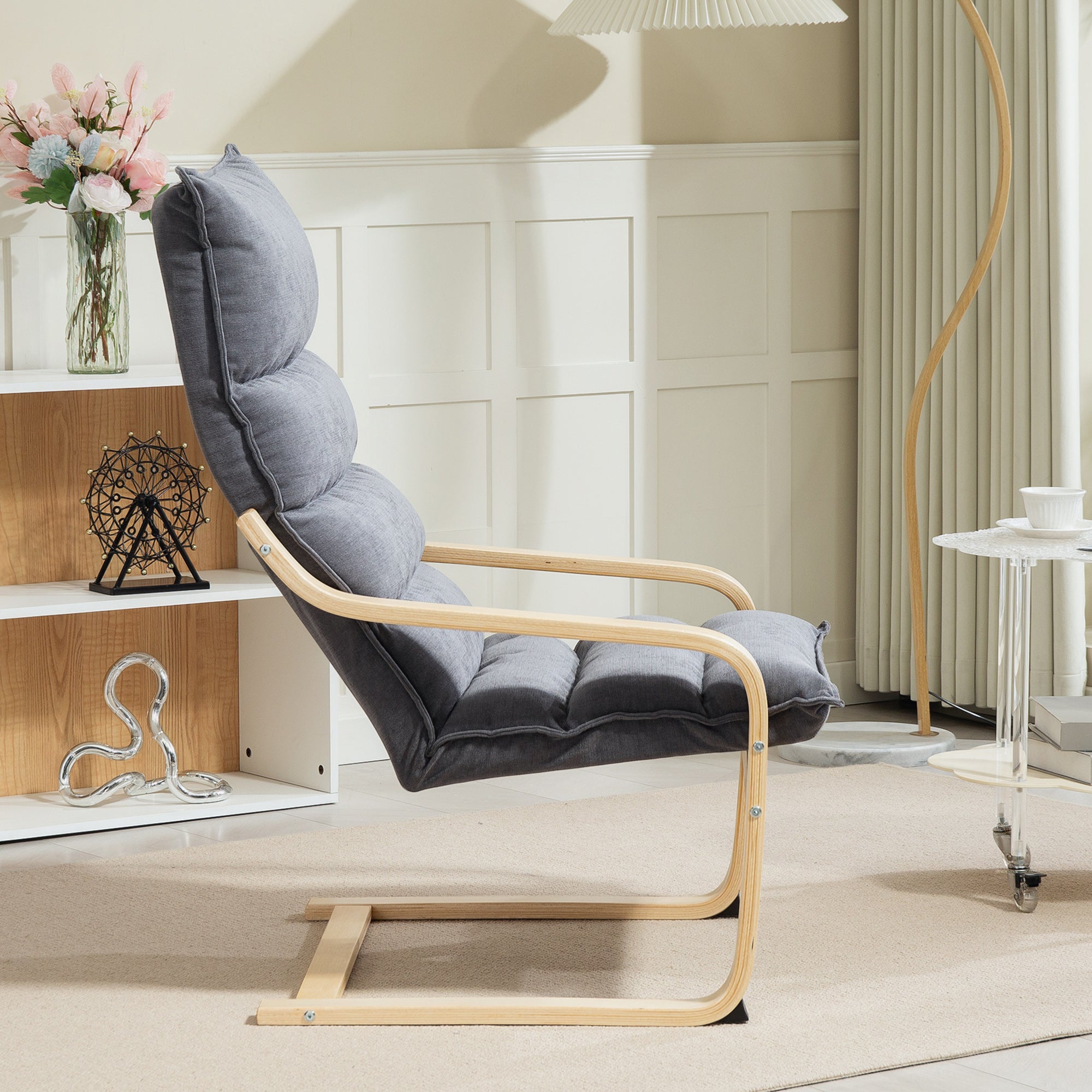 Modern Rocking Chair with Wooden Armrests and Thick Velvet Cushions, 67x83x105 cm, Grey