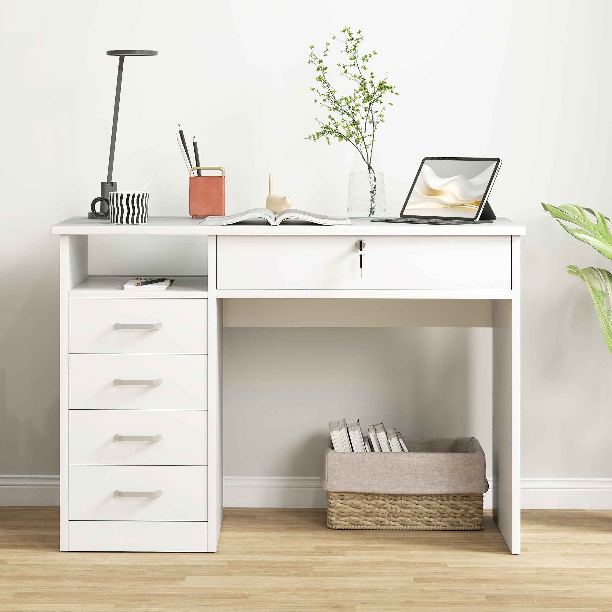 HOMCOM Wooden Desk for Bedroom or Office with 2 Drawers and 2 Keys, 110x50x76cm - White