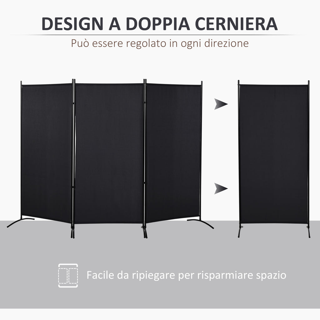 3-Panel Folding Metal and Polyester Room Divider, 253 x 50 x 182 cm, Black