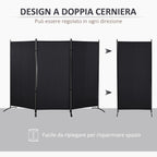 3-Panel Folding Metal and Polyester Room Divider, 253 x 50 x 182 cm, Black