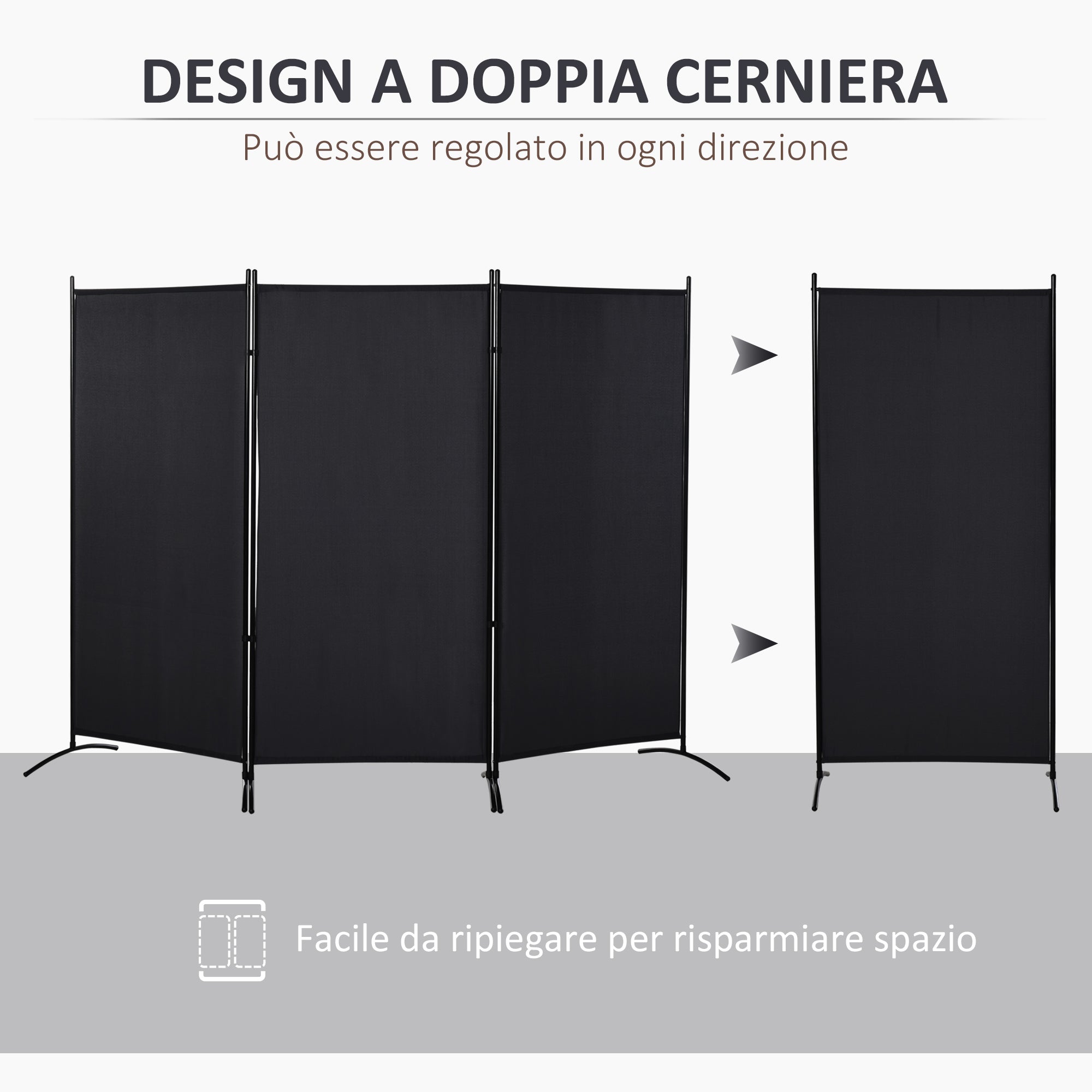 3-Panel Folding Metal and Polyester Room Divider, 253 x 50 x 182 cm, Black