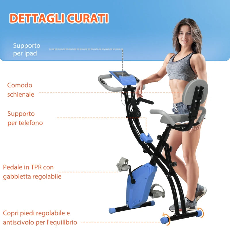 Folding Exercise Bike with 8 Resistance Levels and Adjustable Seat, Blue and Gray