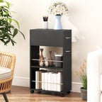 Kitchen Cart with 2 Open Shelves, Drawer and Rails, Wood and Stainless Steel, 25x50x85 cm, Black