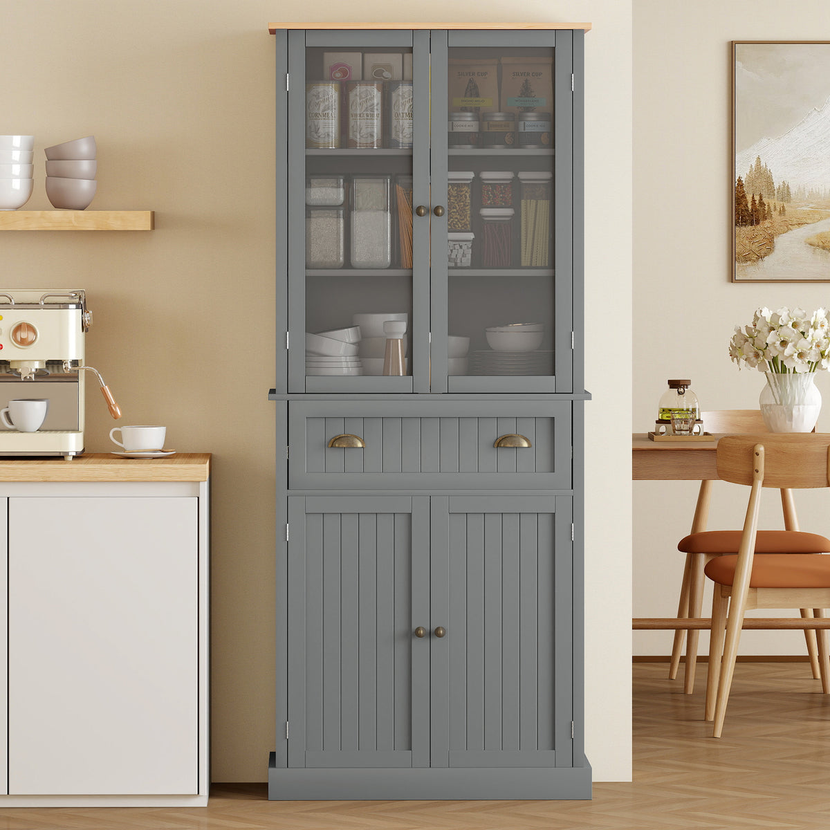 5-Tier Pantry Unit with Central Drawer in MDF and Chipboard, 76x40x182.5 cm, Grey