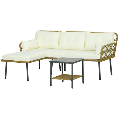 PE Rattan Garden Lounge with Chaise Longue, 2-Seater Sofa and Coffee Table, Cream - Borgè