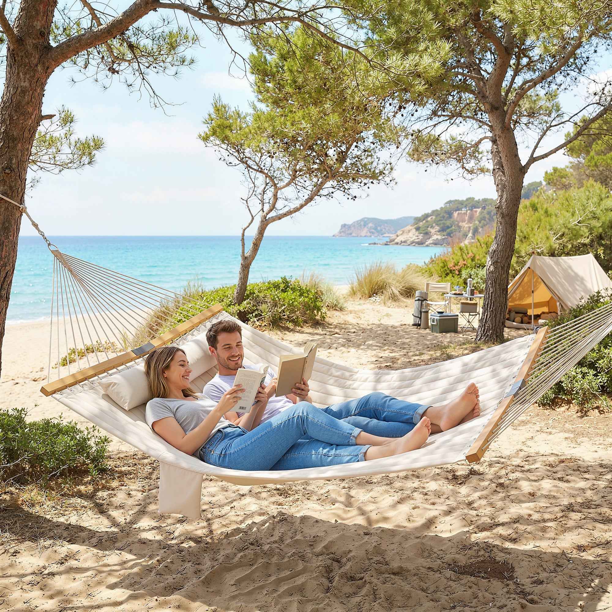 Garden Hammock with Cushion and Pocket, Polyester with Wooden Bars, 325x140x2.5 cm, Cream White