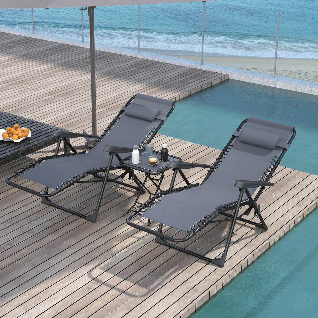 Set of 2 Folding Zero Gravity Deck Chairs with Adjustable Backrest and Table, Gray