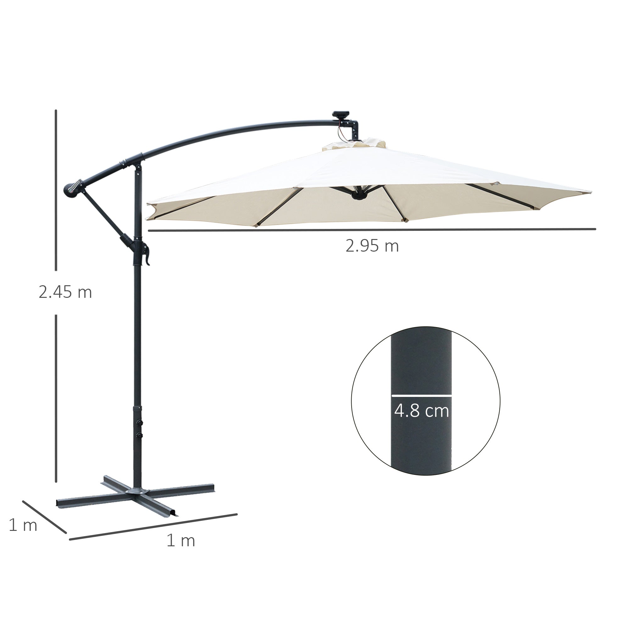 3x2.5m Garden Umbrella with Crank and 8 Solar-Powered LED Strips, Cream