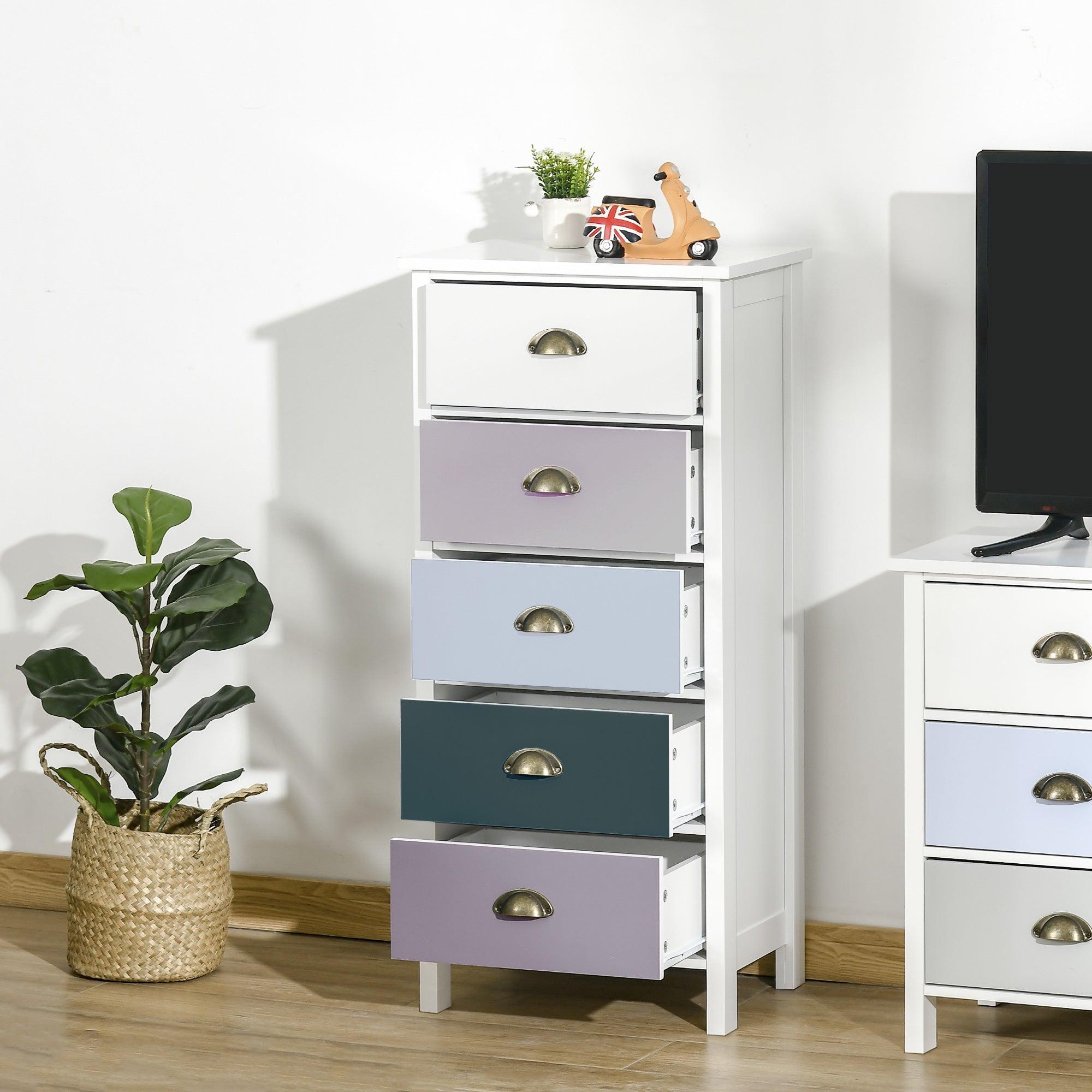 Chest of Drawers with 5 Colourful Drawers, Tall and Space-Saving Dresser, Multi-Coloured Blue